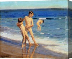 Boy Playing Flute Canvas Paintings - Boys At The Beach by Benito Rebolledo Correa
