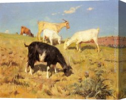 Goats Canvas Paintings - Goats Grazing on a Hillside by Benito Rebolledo Correa