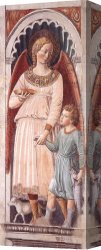 Tobias Canvas Paintings - Raphael and Tobias (on the pillar) by Benozzo di Lese di Sandro Gozzoli