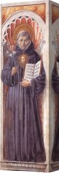 Nicholas Canvas Paintings - St Nicholas of Tolentino (on the pillar) by Benozzo di Lese di Sandro Gozzoli