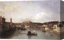 Ponte Canvas Paintings - View of Verona and the River Adige from the Ponte Nuovo by Bernardo Bellotto