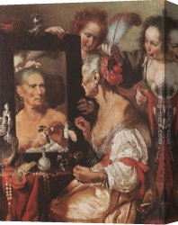 Woman with a Mirror Canvas Paintings - Old Woman at the Mirror by Bernardo Strozzi