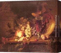 Still Life with Grapes, a Peach, Plums And a Pear on a Table with a Wine Glass And a Flask Canvas Paintings - Still Life with Fruit, a Glass of Wine and a Bronze Vessel on a Ledge by Blaise Alexandre Desgoffe