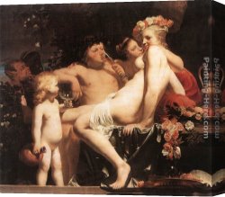 Bacchus And Ariadne Canvas Paintings - Bacchus with Two Nymphs and Cupid by Caesar van Everdingen