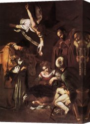 Nativity Canvas Paintings - Nativity with St. Francis and St. Lawrence by Caravaggio