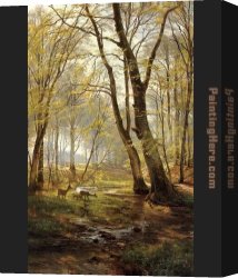 Carl Canvas Paintings - A Woodland Scene With Deer by Carl Fredrik Aagard