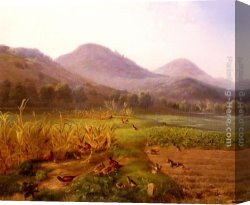 Jutz Canvas Paintings - An Extensive Field With Game Birds And Rabbits by Carl Jutz
