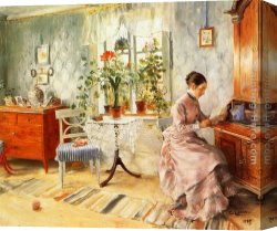 Interior Canvas Paintings - An Interior with a Woman Reading by Carl Larsson