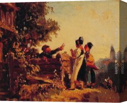Fence Canvas Paintings - Swabian Girls at a Garden Fence by Carl Spitzweg