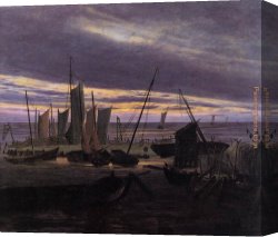 Friedrich Bamberger Canvas Paintings - Boats in the Harbour at Evening by Caspar David Friedrich