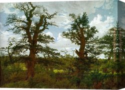 Friedrich Bamberger Canvas Paintings - Landscape with Oak Trees and a Hunter by Caspar David Friedrich
