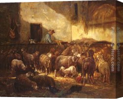 Cattle And Sheep Resting Canvas Paintings - A Flock Of Sheep In A Barn by Charles Emile Jacque
