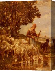 Calves Watering Canvas Paintings - A Shepherdess Watering Her Flock by Charles Emile Jacque