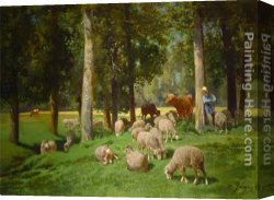 Cattle And Sheep Resting Canvas Paintings - Landscape with Sheep by Charles Emile Jacque