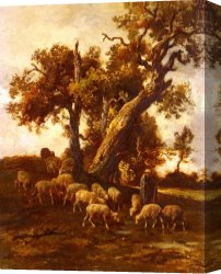 Cattle And Sheep Resting Canvas Paintings - Sheep At Pasture by Charles Emile Jacque