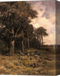 Resting Canvas Paintings - Shepherdess Resting With Her Flock by Charles Emile Jacque