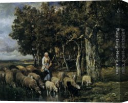 Calves Watering Canvas Paintings - Shepherdess watering flock by Charles Emile Jacque