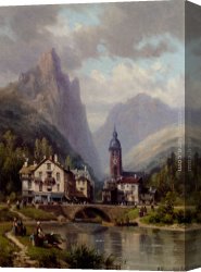 Riverside Canvas Paintings - An Agler Before An Alpine Riverside Town by Charles Euphrasie Kuwasseg