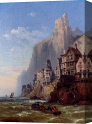 An Arguement with The Town Marshall Canvas Paintings - Rowing Out At A Coastal Town by Charles Euphrasie Kuwasseg