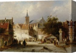 Spanish Town Canvas Paintings - A Busy Market in a Dutch Town by Charles Henri Joseph Leickert