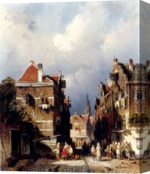 A Dutch Town Scene in Winter Canvas Paintings - A Dutch Street Scene by Charles Henri Joseph Leickert