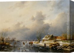 Gingerbread Cottage Canvas Paintings - A Frozen Waterway with Skaters by a Cottage by Charles Henri Joseph Leickert
