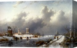 A Winter Landscape with Skaters Near a Village Canvas Paintings - A Frozen Winter Landscape With Skaters by Charles Henri Joseph Leickert