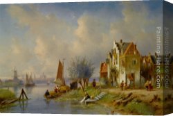 A Picnic on The Riverbank Canvas Paintings - A summer landscape with figures on a riverbank by Charles Henri Joseph Leickert