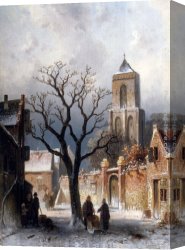 Snow Canvas Paintings - A Village Snow Scene by Charles Henri Joseph Leickert
