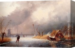 A Winter Landscape with Skaters Near a Village Canvas Paintings - A Winter Landscape With Skaters On A Frozen Waterway by Charles Henri Joseph Leickert