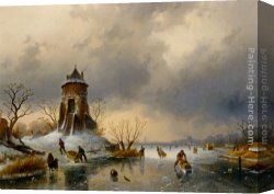A Winter Landscape with Skaters Near a Village Canvas Paintings - A Winter Landscape with Skaters on the Ice by Charles Henri Joseph Leickert