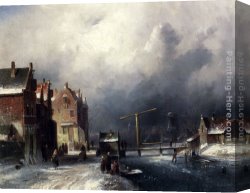 View of a Riverside Dutch Town Canvas Paintings - Figures In A Dutch Town By A Frozen Canal by Charles Henri Joseph Leickert