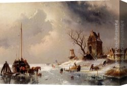 Cart Canvas Paintings - Figures Loading A Horse-Drawn Cart On The Ice by Charles Henri Joseph Leickert