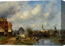 Village Street And Stairs with Figures Canvas Paintings - Figures on a Barge Near a Winterside Village by Charles Henri Joseph Leickert