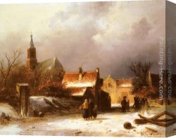 A Dutch Town Scene in Winter Canvas Paintings - Figures on a Snow Covered Path with a Dutch Town beyond by Charles Henri Joseph Leickert