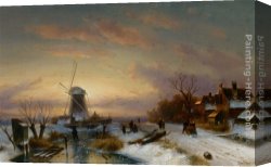 Skaters Canvas Paintings - Landscape with skaters on the Ice by Charles Henri Joseph Leickert