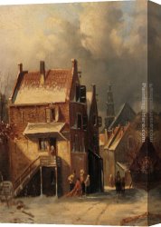 A Dutch Town Scene in Winter Canvas Paintings - Outskirts of a Town in Winter by Charles Henri Joseph Leickert