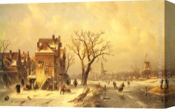A Winter Landscape with Skaters Near a Village Canvas Paintings - Skaters in a Frozen Winter Landscape by Charles Henri Joseph Leickert
