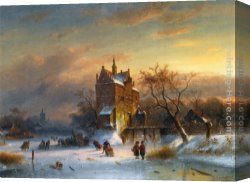 Skaters Canvas Paintings - Skaters Near A Castle by Charles Henri Joseph Leickert