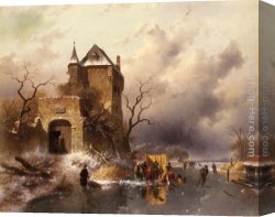 Skaters Canvas Paintings - Skaters on a Frozen Lake by the Ruins of a Castle by Charles Henri Joseph Leickert
