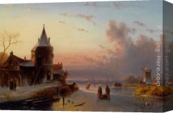 Skaters Canvas Paintings - Skaters on a Frozen River at Dusk by Charles Henri Joseph Leickert