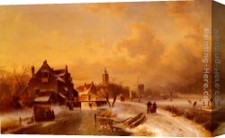 A Farmyard Scene in Winter Canvas Paintings - Winter and Summer Canal Scenes A Pair of Paintings (Pic 1) by Charles Henri Joseph Leickert