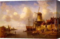 A Farmyard Scene in Winter Canvas Paintings - Winter and Summer Canal Scenes A Pair of Paintings (Pic 2) by Charles Henri Joseph Leickert