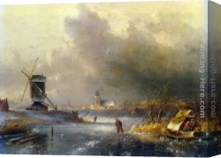 A Winter Landscape with Skaters Near a Village Canvas Paintings - Winter Landscape with Skaters on a Frozen River by Charles Henri Joseph Leickert