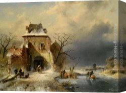 A Farmyard Scene in Winter Canvas Paintings - Winter Scene with Figures by Charles Henri Joseph Leickert