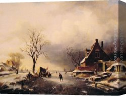 A Farmyard Scene in Winter Canvas Paintings - Winter Scene with Skaters by Charles Henri Joseph Leickert