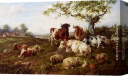 Prospecting for Cattle Range Canvas Paintings - Resting Cattle, Sheep And Deer, A Farm Beyond by Charles Jones