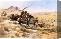Russell Canvas Paintings - Attack on a Wagon Train by Charles Marion Russell