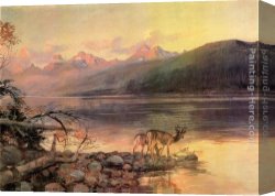 Russell Canvas Paintings - Deer at Lake McDonald by Charles Marion Russell
