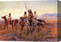 Charles Baugniet Canvas Paintings - Four Mounted Indians by Charles Marion Russell